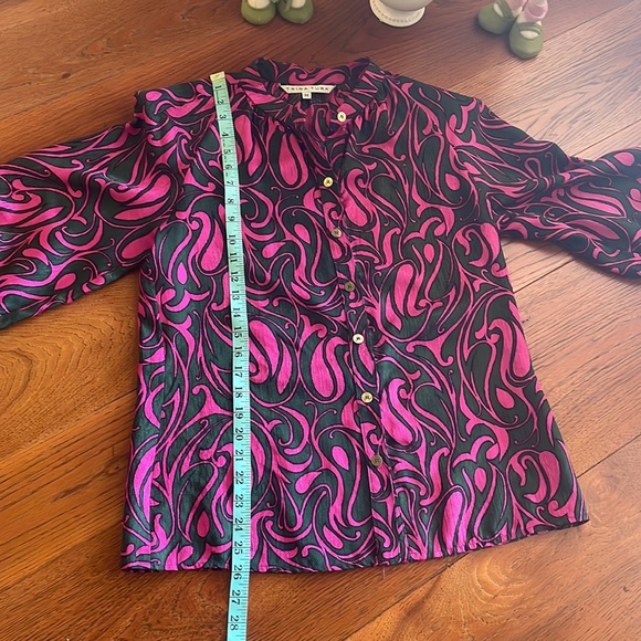 Trina Turk Silk Button Down Top Green & Pink - Picture 5 of 5